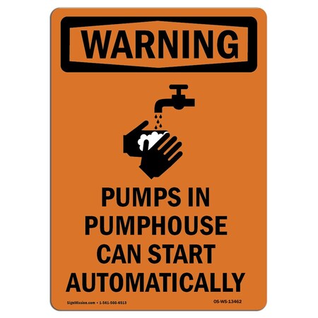 Signmission OSHA WARNING Sign, Pumps In Pumphouse W/ Symbol, 14in X 10in Aluminum, 10" W, 14" L, Portrait OS-WS-A-1014-V-13462